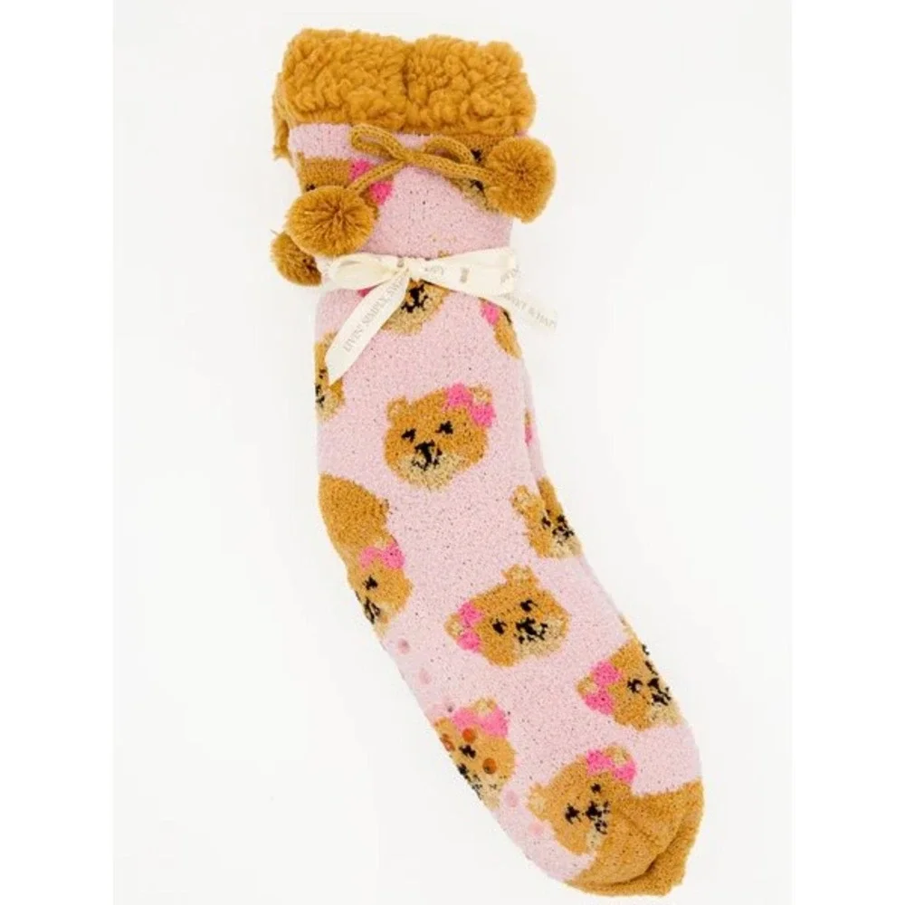 Simply Southern Pink Teddy Bear Camper‎ Socks Sherpa Trim Pom Poms Non-Slip NWT